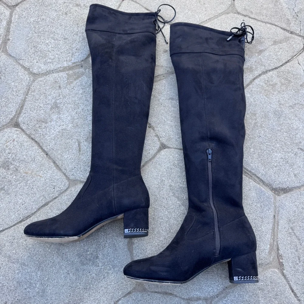 Michael Kors Jaime Black Stretch Over the Knee Boots Chain Accents Mid-Heel Sz 8